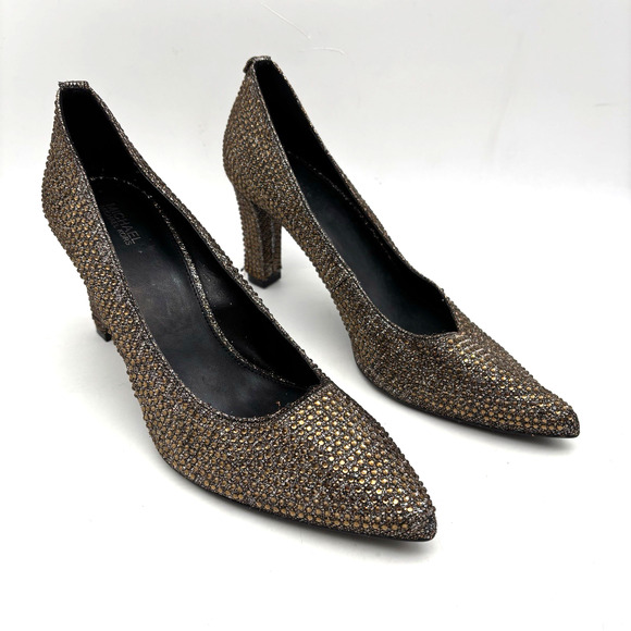 Michael Kors ABBI FLEX Bronze Glitter Rhinestone Block Pump Heels Women's 10M - Picture 4 of 16
